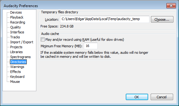 Directories Preferences dialog