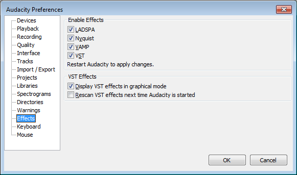 Effects Preferences dialog