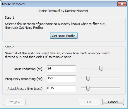 Noise removal window showing the two steps and associated controls