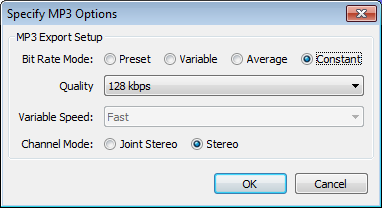 Specify MP3 options dialog