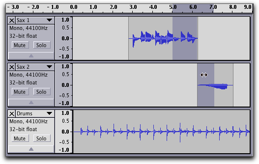 Region from 5 to 7 seconds in the first two tracks selected.