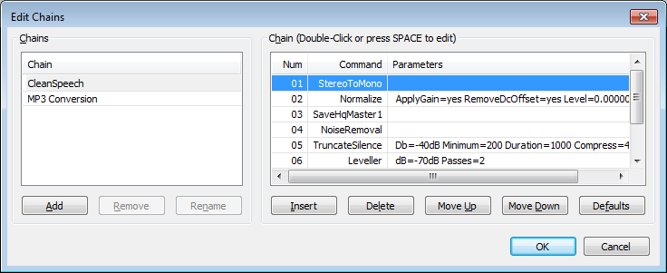 Edit Chain's dialog showing Chain list (left) and command list for selected chain (right)