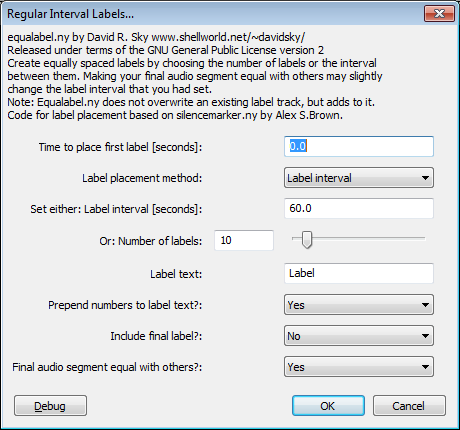 Regular interval labels dialog