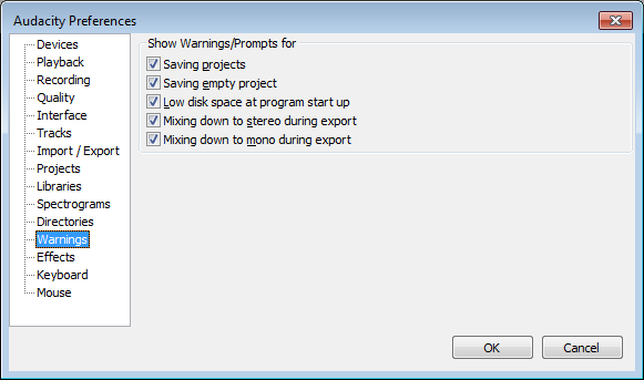 Warnings Preferences dialog