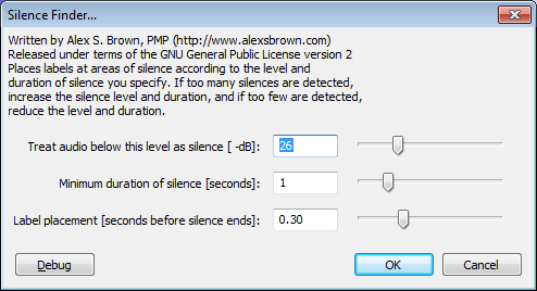 Silence finder dialog