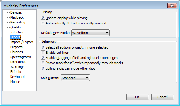 Tracks Preferences dialog