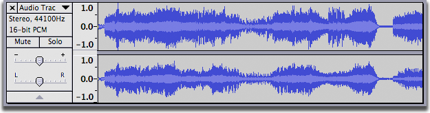 An unsplit stereo track, known as "stereo pair", with Track Panel to left of waveform